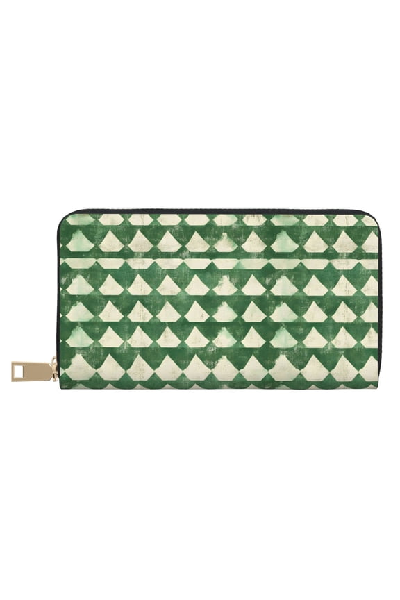 Leather Wallet 8 X 4.3 In Comfortable Light Waterproof And Durable Zipper Design Easy To Carry Green Houndstooth Vintage Texture Hand-Drawn Sketch_3