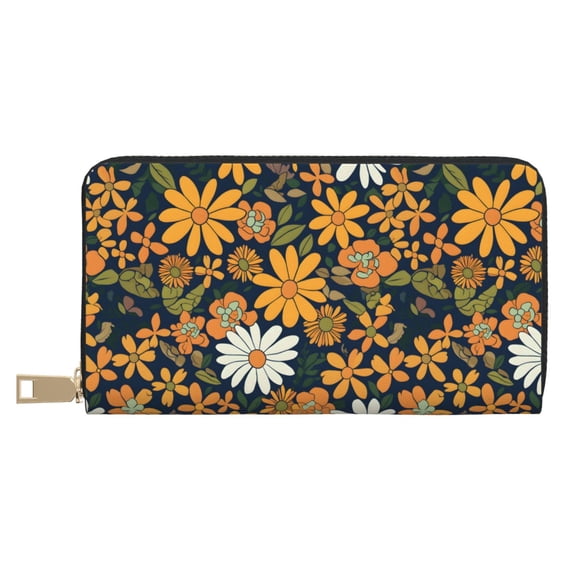 Leather Wallet 8 X 4.3 In Comfortable Light Waterproof And Durable Zipper Design Easy To Carry Groovy Flowers (17)