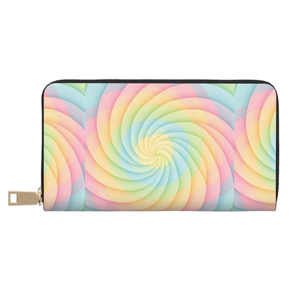 Leather Wallet 8 X 4.3 In Comfortable Light Waterproof And Durable Zipper Design Easy To Carry Lightgreen Tie Dye Background Rainbow Colors_1