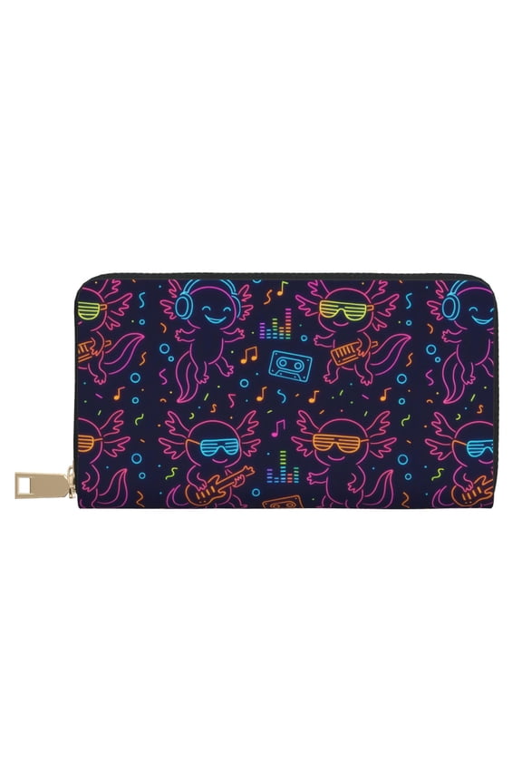Leather Wallet 8 X 4.3 In Comfortable Light Waterproof And Durable Zipper Design Easy To Carry Neon Party Axolotls - 80s Synthwave