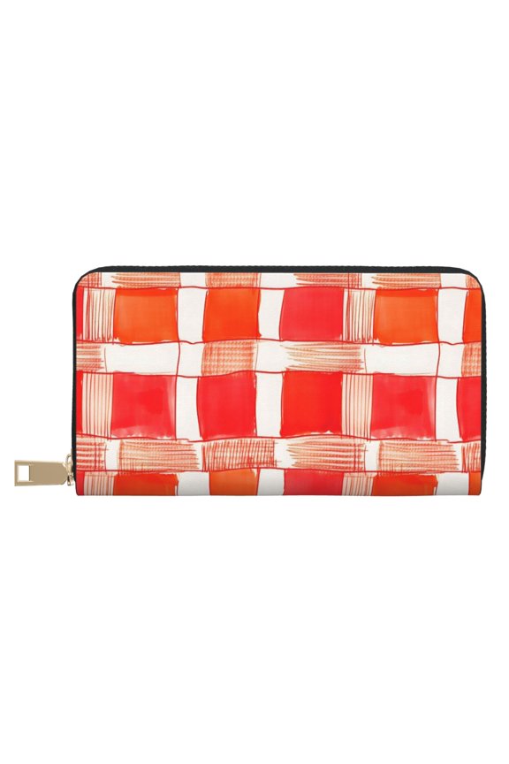 Leather Wallet 8 X 4.3 In Comfortable Light Waterproof And Durable Zipper Design Easy To Carry Orangered Houndstooth Checkered Hand-Drawn Sketch_1