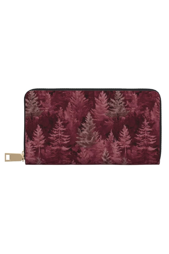 Leather Wallet 8 X 4.3 In Comfortable Light Waterproof And Durable Zipper Design Easy To Carry Realistic Forests Camouflage Pattern Conifer Maroon_2