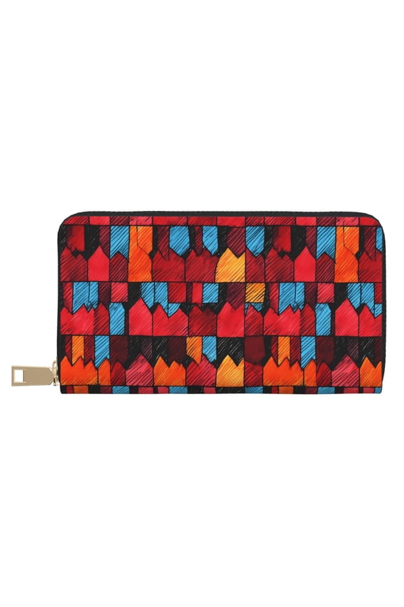 Leather Wallet 8 X 4.3 In Comfortable Light Waterproof And Durable Zipper Design Easy To Carry Red Colorful Houndstooth Hand-Drawn Sketch_1