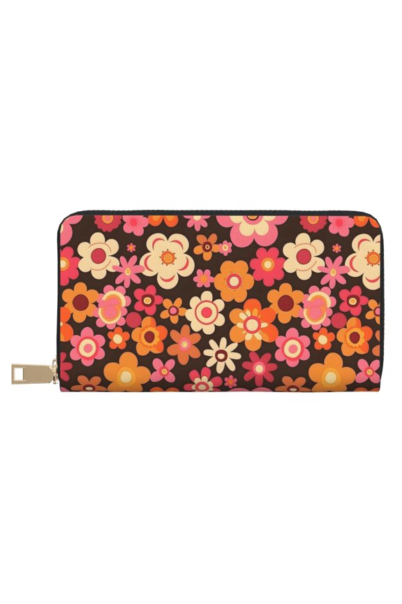 Leather Wallet 8 X 4.3 In Comfortable Light Waterproof And Durable Zipper Design Easy To Carry Retro Groovy Flowers Pattern (10)