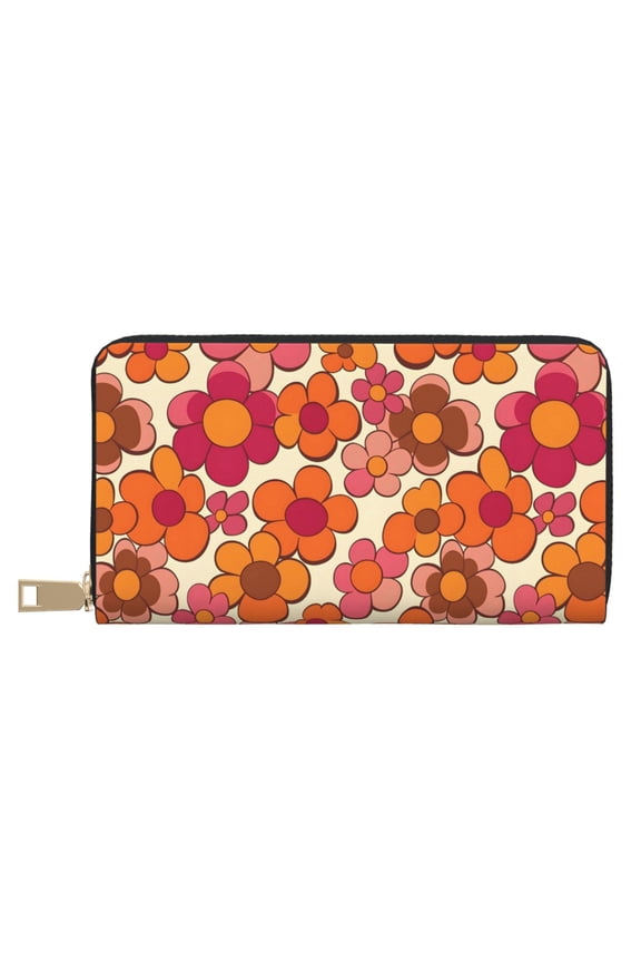 Leather Wallet 8 X 4.3 In Comfortable Light Waterproof And Durable Zipper Design Easy To Carry Retro Groovy Flowers Pattern (12)