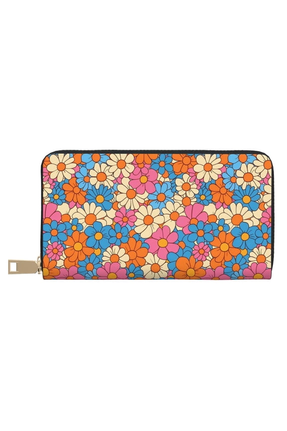 Leather Wallet 8 X 4.3 In Comfortable Light Waterproof And Durable Zipper Design Easy To Carry Retro Groovy Flowers Pattern (5)
