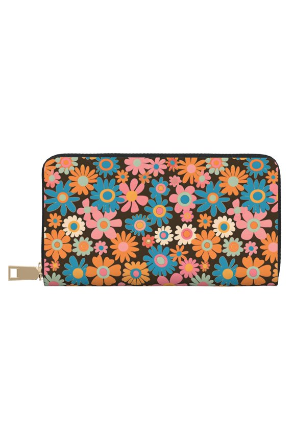 Leather Wallet 8 X 4.3 In Comfortable Light Waterproof And Durable Zipper Design Easy To Carry Retro Groovy Flowers Pattern (6)
