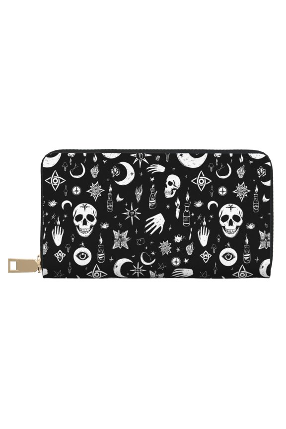 Leather Wallet 8 X 4.3 In Comfortable Light Waterproof And Durable Zipper Design Easy To Carry Retro Skull Head