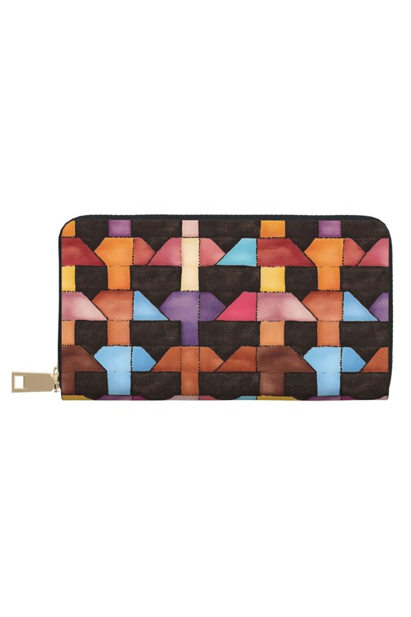 Leather Wallet 8 X 4.3 In Comfortable Light Waterproof And Durable Zipper Design Easy To Carry Saddlebrown Colorful Houndstooth Hand-Drawn Sketch_2