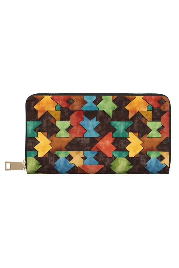 Leather Wallet 8 X 4.3 In Comfortable Light Waterproof And Durable Zipper Design Easy To Carry Saddlebrown Colorful Houndstooth Hand-Drawn Sketch_3