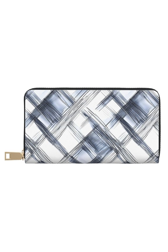 Leather Wallet 8 X 4.3 In Comfortable Light Waterproof And Durable Zipper Design Easy To Carry Silver Checked Hand-Drawn Sketch_1