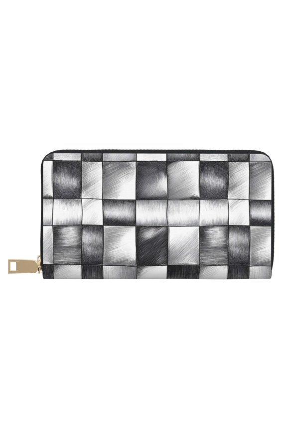 Leather Wallet 8 X 4.3 In Comfortable Light Waterproof And Durable Zipper Design Easy To Carry Silver Checked Hand-Drawn Sketch_2