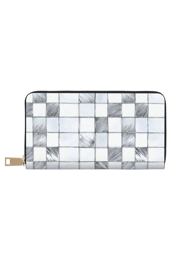 Leather Wallet 8 X 4.3 In Comfortable Light Waterproof And Durable Zipper Design Easy To Carry Silver Checked Hand-Drawn Sketch_3