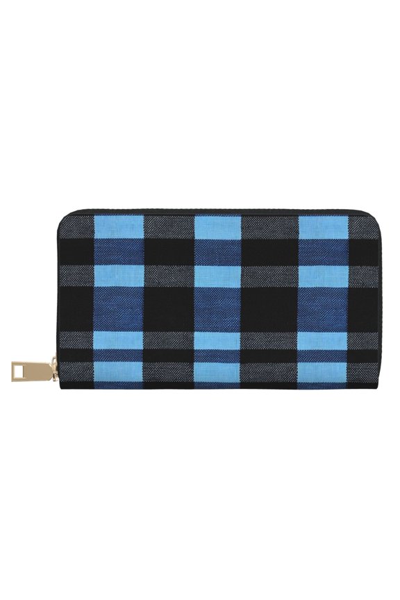 Leather Wallet 8 X 4.3 In Comfortable Light Waterproof And Durable Zipper Design Easy To Carry Slateblue Buffalo Plaid Check Tartan Scotland_3