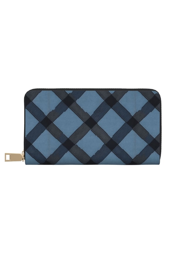 Leather Wallet 8 X 4.3 In Comfortable Light Waterproof And Durable Zipper Design Easy To Carry Slateblue Buffalo Plaid Check Tartan Scotland_4