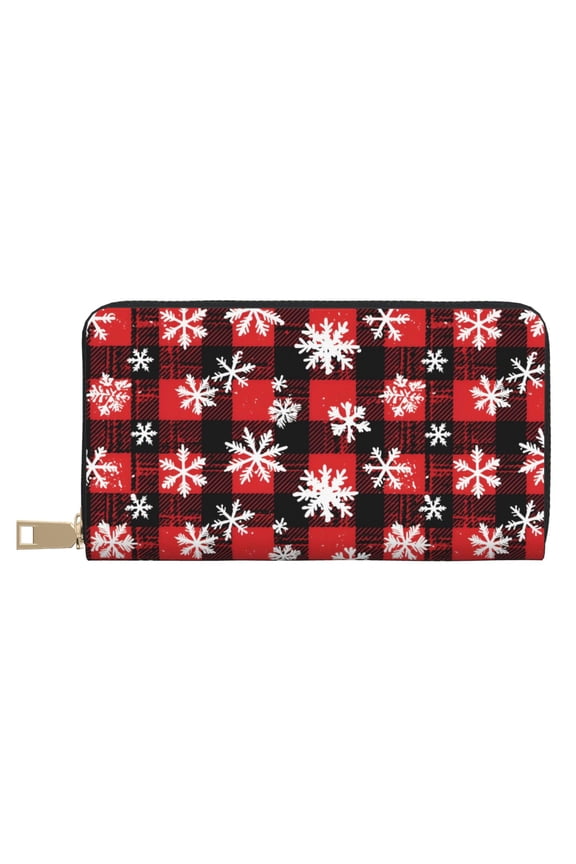 Leather Wallet 8 X 4.3 In Comfortable Light Waterproof And Durable Zipper Design Easy To Carry Snowflakes On The Red And Black Checkered Pattern (2)