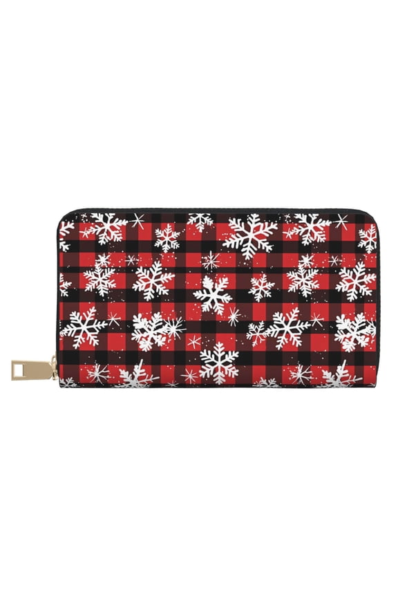 Leather Wallet 8 X 4.3 In Comfortable Light Waterproof And Durable Zipper Design Easy To Carry Snowflakes On The Red And Black Checkered Pattern