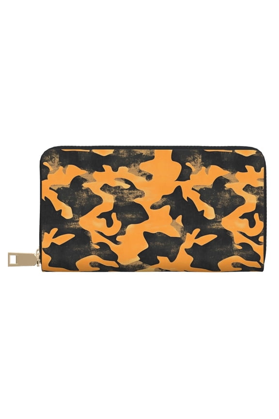 Leather Wallet 8 X 4.3 In Comfortable Light Waterproof And Durable Zipper Design Easy To Carry Texture Camo Army Orange_3