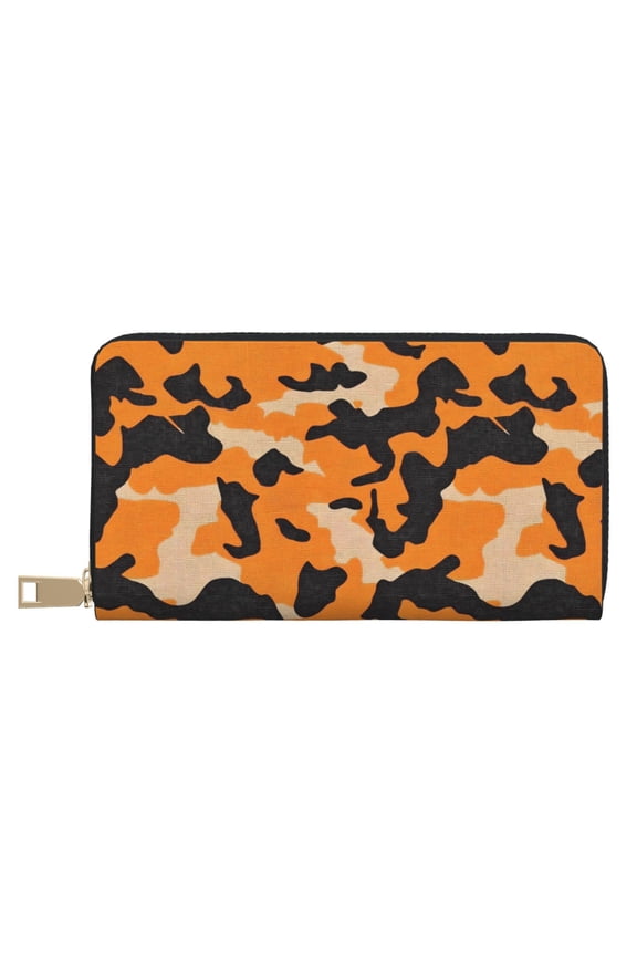 Leather Wallet 8 X 4.3 In Comfortable Light Waterproof And Durable Zipper Design Easy To Carry Texture Camo Army Orange_4