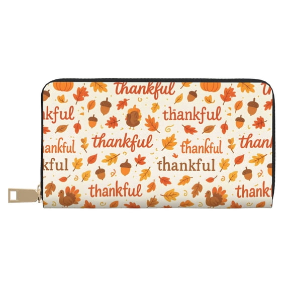 Leather Wallet 8 X 4.3 In Comfortable Light Waterproof And Durable Zipper Design Easy To Carry Thankful Autumn Words Pattern