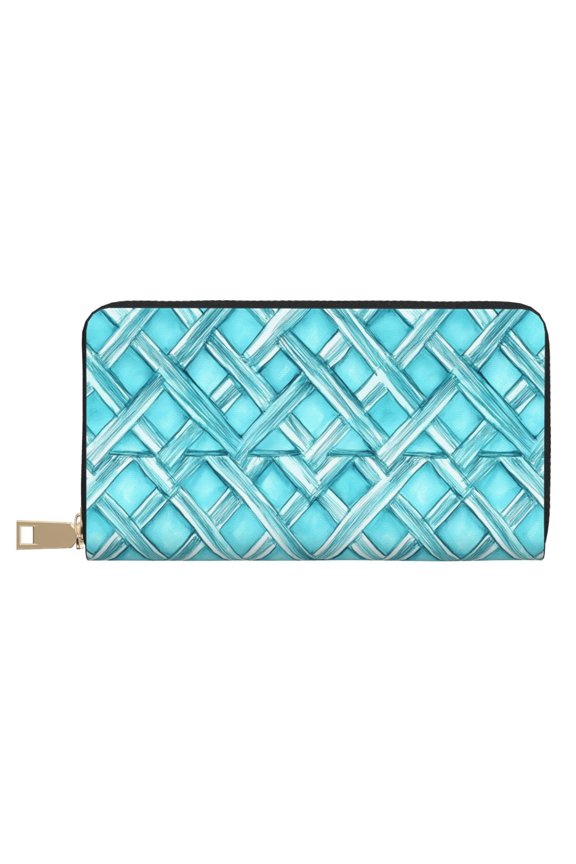 Leather Wallet 8 X 4.3 In Comfortable Light Waterproof And Durable Zipper Design Easy To Carry Turquoise Moroccan Trellis Hand-Drawn Sketch_1