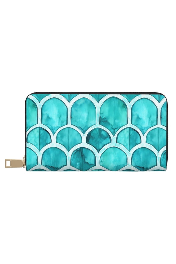 Leather Wallet 8 X 4.3 In Comfortable Light Waterproof And Durable Zipper Design Easy To Carry Turquoise Moroccan Trellis Hand-Drawn Sketch_2