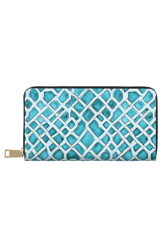 Leather Wallet 8 X 4.3 In Comfortable Light Waterproof And Durable Zipper Design Easy To Carry Turquoise Moroccan Trellis Hand-Drawn Sketch_3