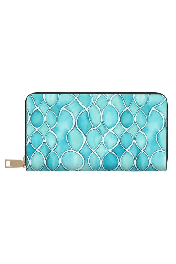 Leather Wallet 8 X 4.3 In Comfortable Light Waterproof And Durable Zipper Design Easy To Carry Turquoise Moroccan Trellis Hand-Drawn Sketch_4
