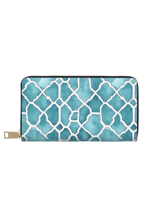 Leather Wallet 8 X 4.3 In Comfortable Light Waterproof And Durable Zipper Design Easy To Carry Turquoise Moroccan Trellis Hand-Drawn Sketch_62922_1