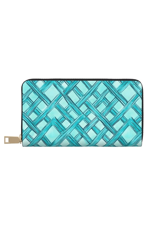Leather Wallet 8 X 4.3 In Comfortable Light Waterproof And Durable Zipper Design Easy To Carry Turquoise Moroccan Trellis Hand-Drawn Sketch_62922_2
