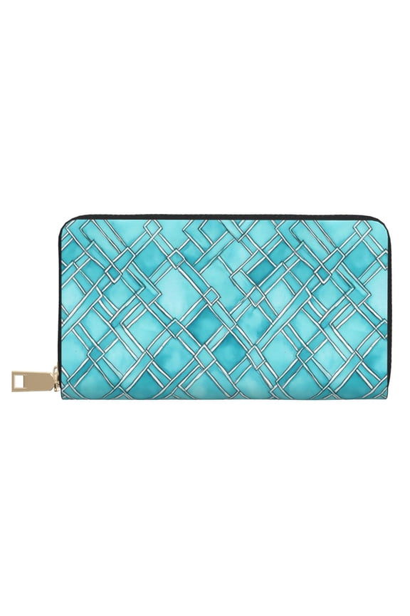 Leather Wallet 8 X 4.3 In Comfortable Light Waterproof And Durable Zipper Design Easy To Carry Turquoise Moroccan Trellis Hand-Drawn Sketch_62922_3