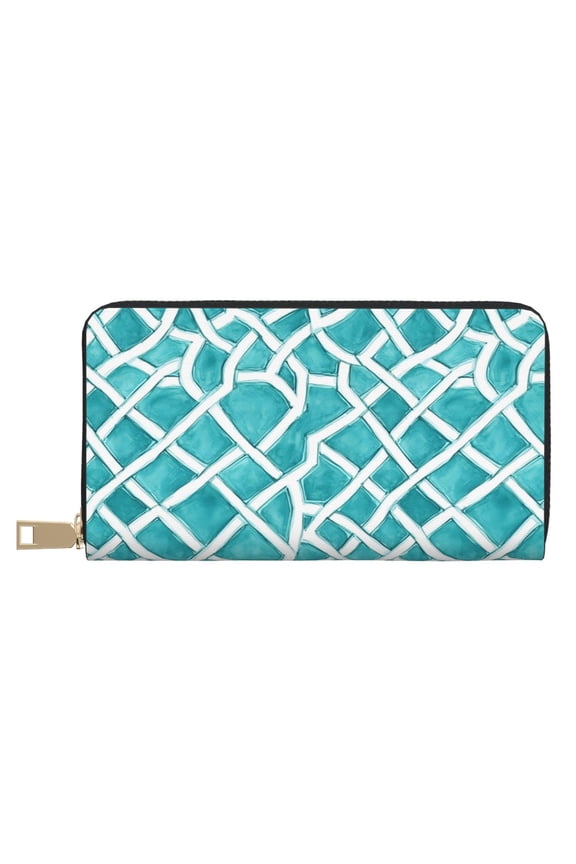 Leather Wallet 8 X 4.3 In Comfortable Light Waterproof And Durable Zipper Design Easy To Carry Turquoise Moroccan Trellis Hand-Drawn Sketch_62922_4