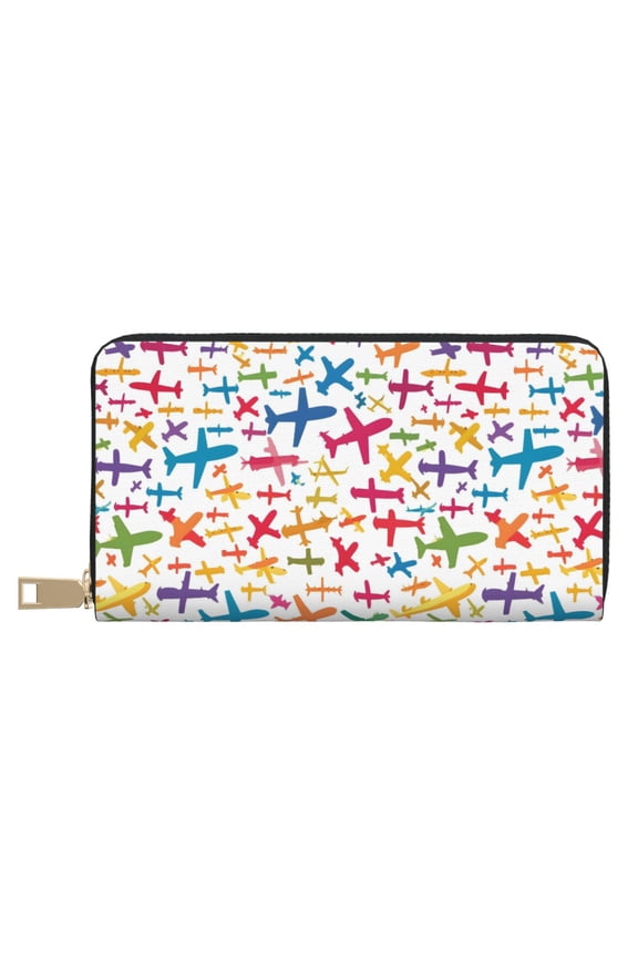 Leather Wallet 8 X 4.3 In Comfortable Light Waterproof And Durable Zipper Design Easy To Carry Various Cartoon-Style Airplanes