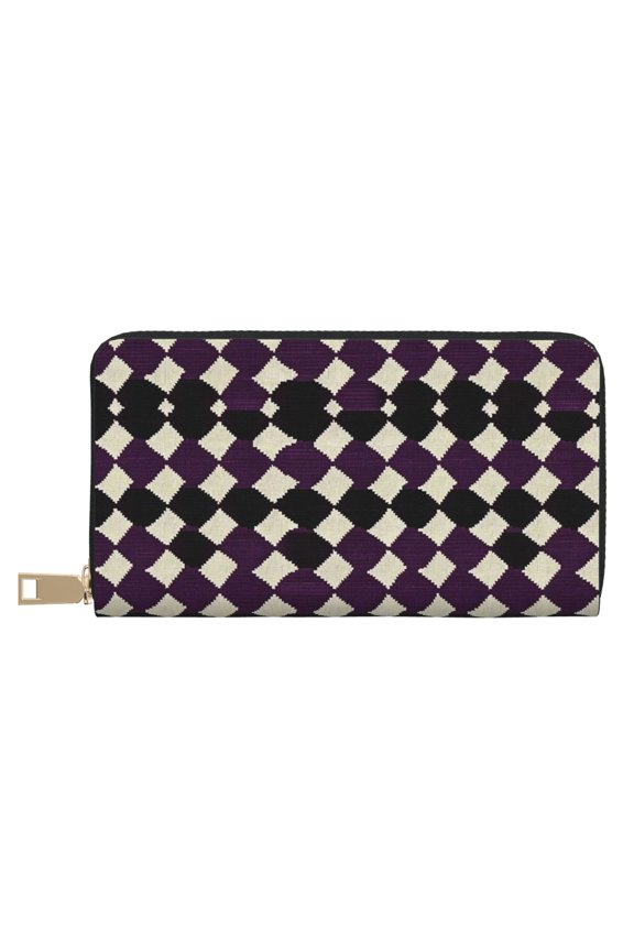 Leather Wallet 8 X 4.3 In Comfortable Light Waterproof And Durable Zipper Design Easy To Carry Violet Retro Houndstooth_3