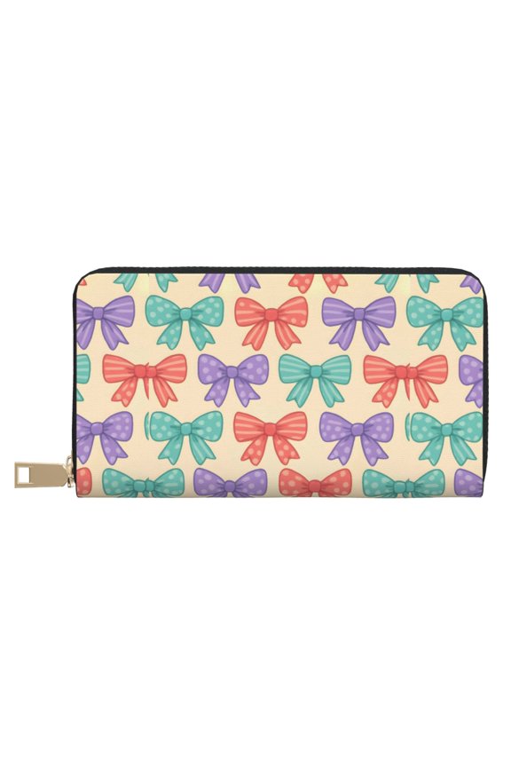 Leather Wallet 8 X 4.3 In Comfortable Light Waterproof And Durable Zipper Design Easy To Carry Whimsical Polka Dot And Striped Ribbon Bow Pattern