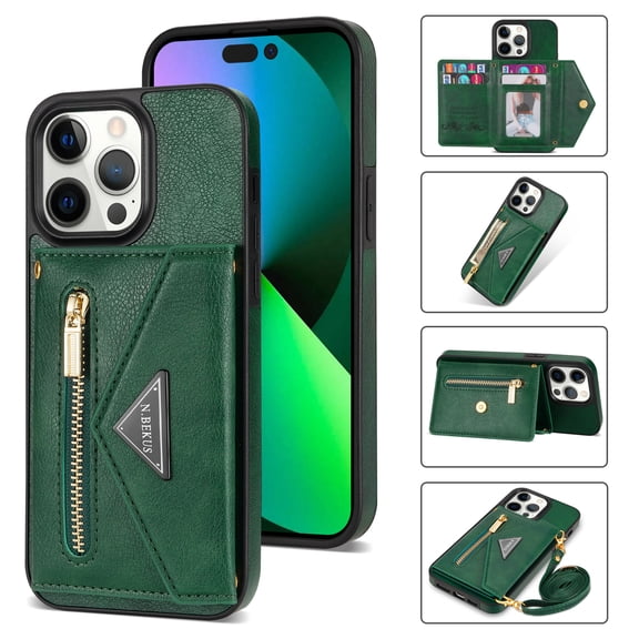 Leather Wallet Case for iPhone 14 Pro Max with Card Slots Zipper Pocket Kickstand Function Adjustable Crossbody Shoulder Strap Shockproof Purse Phone Case for iPhone 14 Pro Max,Green