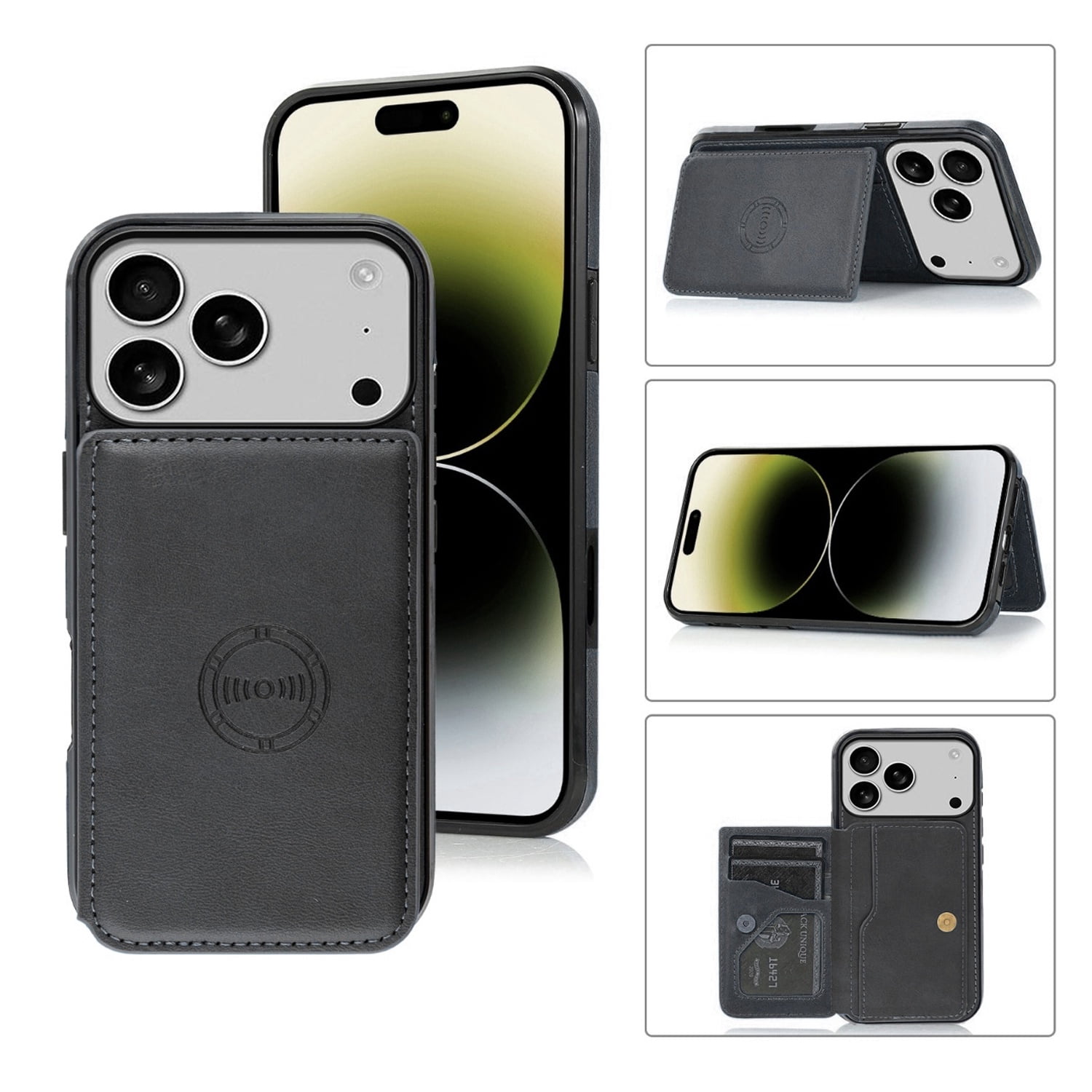 Leather Wallet Case with Card Pocket for iPhone 17 Pro Max - Black