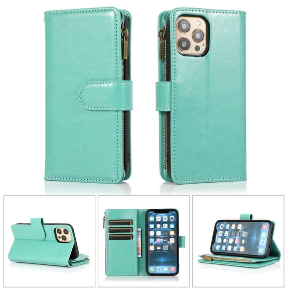 Leather Wallet Case with Zipper Pocket for iPhone 12 / iPhone 12 Pro - Teal