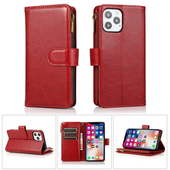 Leather Wallet Case with Zipper Pocket for iPhone 15 - Red