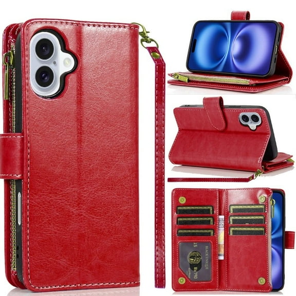 Leather Wallet Case with Zipper Pocket for iPhone 17 - Red