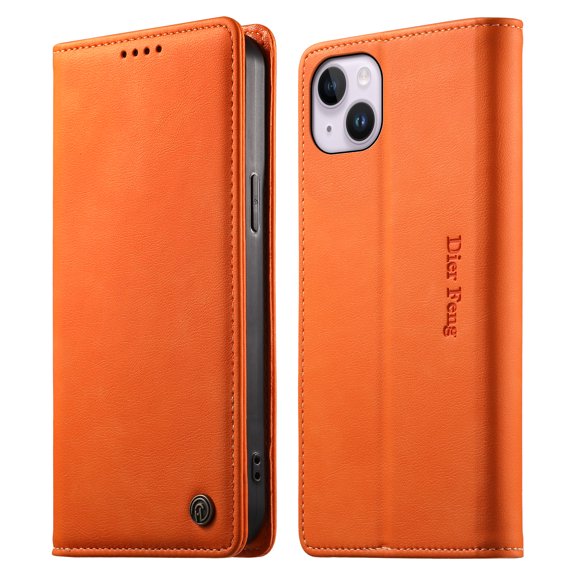 Leather Wallet Flip Case for [iPhone 13 Mini], RFID Blocking, Card Slots & Stand Orange