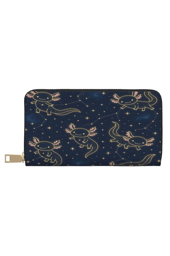 Leather Wallet Long Pu Leather Slim Lightweight Waterproof Large Capacity 12 Card Slots 3 Cash Pockets Coin Compartment For Women Girls Axolotl Constellations - Deep-Space Cute