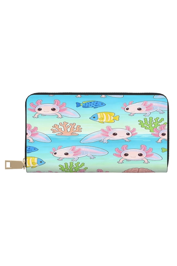 Leather Wallet Long Pu Leather Slim Lightweight Waterproof Large Capacity 12 Card Slots 3 Cash Pockets Coin Compartment For Women Girls Axolotl And Coral Fish