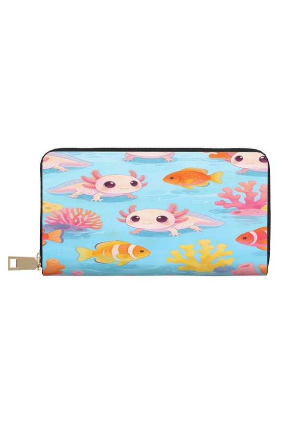 Leather Wallet Long Pu Leather Slim Lightweight Waterproof Large Capacity 12 Card Slots 3 Cash Pockets Coin Compartment For Women Girls Axolotl And Coral Goldfish