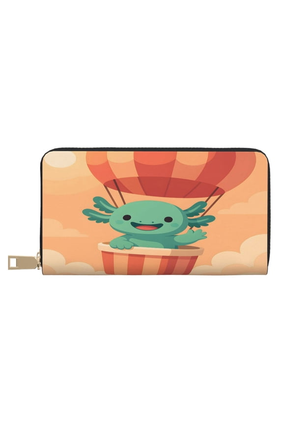 Leather Wallet Long Pu Leather Slim Lightweight Waterproof Large Capacity 12 Card Slots 3 Cash Pockets Coin Compartment For Women Girls Axolotl Rides A Hot Air Balloon