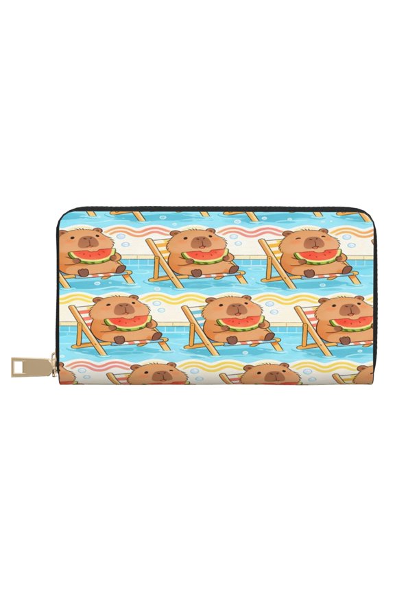 Leather Wallet Long Pu Leather Slim Lightweight Waterproof Large Capacity 12 Card Slots 3 Cash Pockets Coin Compartment For Women Girls Capybara Enjoying Watermelon On Vacation
