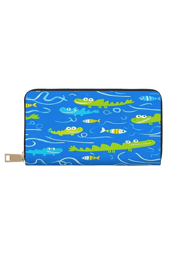 Leather Wallet Long Pu Leather Slim Lightweight Waterproof Large Capacity 12 Card Slots 3 Cash Pockets Coin Compartment For Women Girls Cartoon Crocodile And Fish