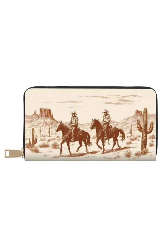 Leather Wallet Long Pu Leather Slim Lightweight Waterproof Large Capacity 12 Card Slots 3 Cash Pockets Coin Compartment For Women Girls Cowboy Riding A Horse In The Desert