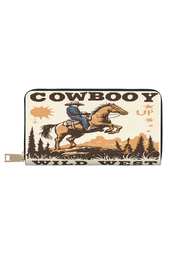 Leather Wallet Long Pu Leather Slim Lightweight Waterproof Large Capacity 12 Card Slots 3 Cash Pockets Coin Compartment For Women Girls Cowboy Riding A Horse (3)