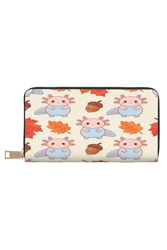 Leather Wallet Long Pu Leather Slim Lightweight Waterproof Large Capacity 12 Card Slots 3 Cash Pockets Coin Compartment For Women Girls Hazelnut Firefly Axolotl